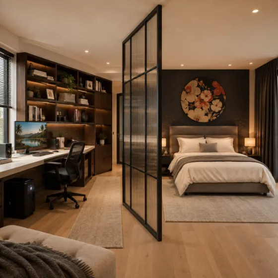 Modern bedroom and home office separated by a black-framed glass divider with walnut shelves and warm neutral decor.