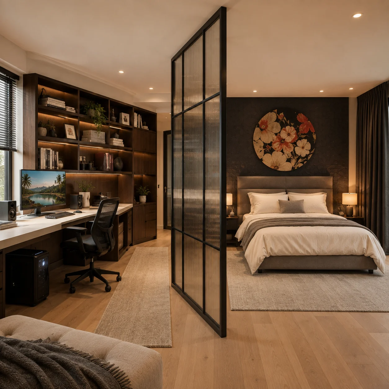 Modern bedroom and home office separated by a black-framed glass divider with walnut shelves and warm neutral decor.