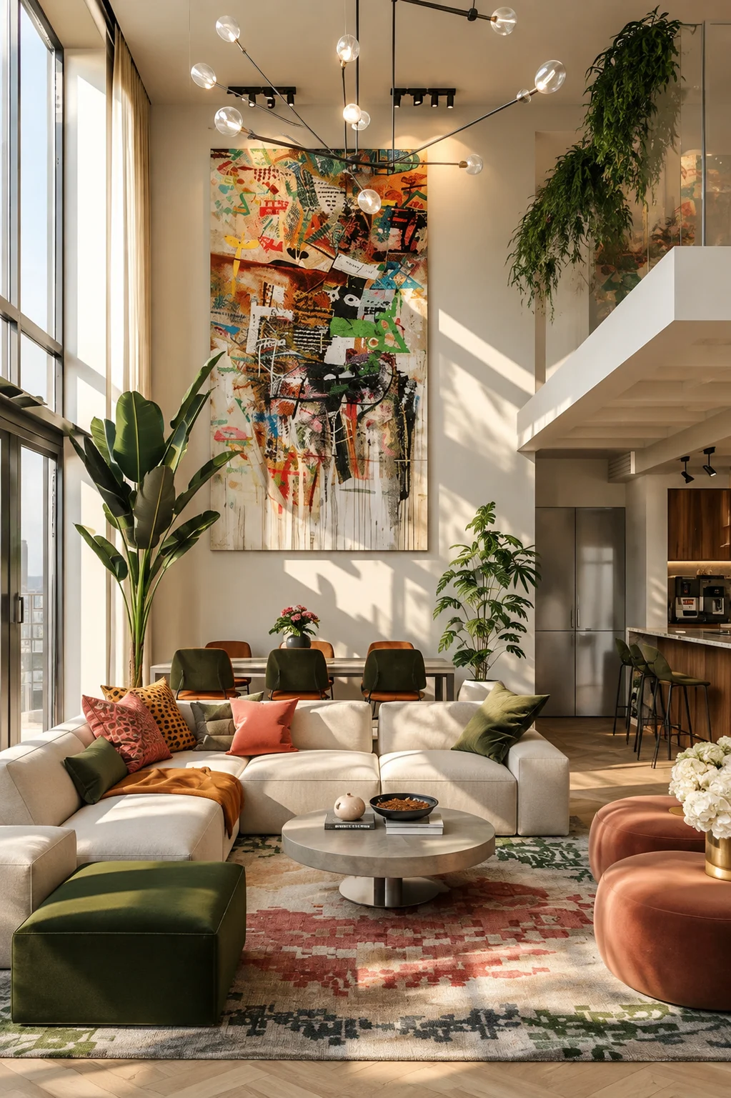 Bright double-height contemporary living room with cream seating, olive accents, large abstract artwork, plants, and natural window light.
