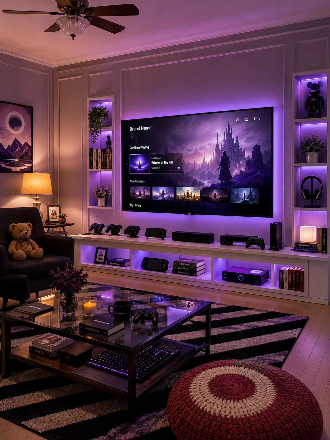 Contemporary gaming lounge with purple LED backlighting, TV on wall, white media console, dark armchair, striped rug, and glass coffee table.
