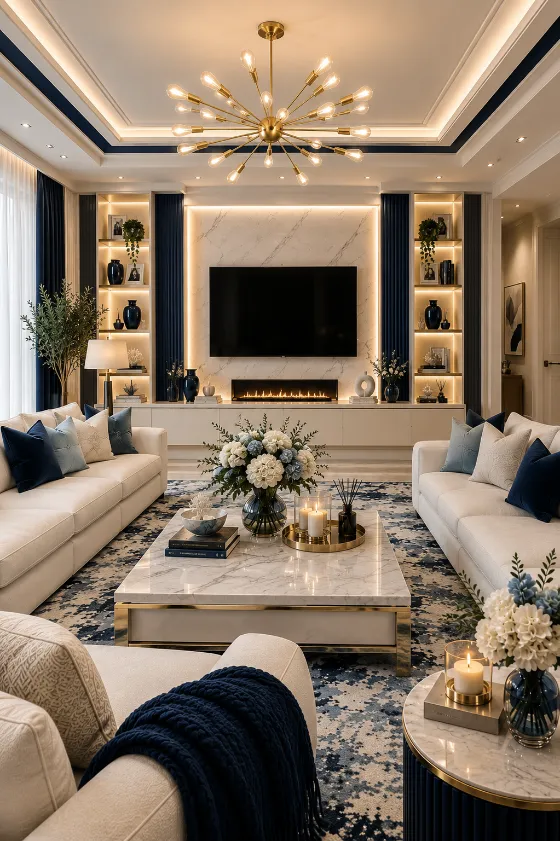 Ivory and navy luxury living room with cream sofas, marble feature wall, brass chandelier, linear fireplace, and blue patterned rug.