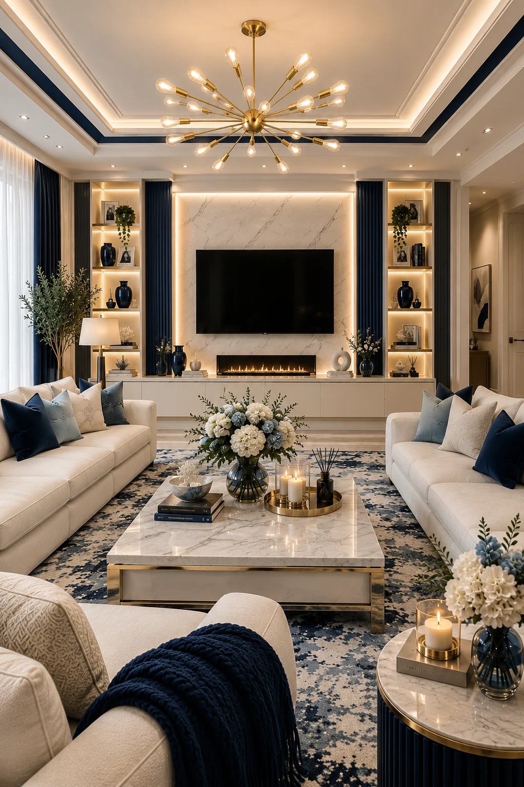 Ivory and navy luxury living room with cream sofas, marble feature wall, brass chandelier, linear fireplace, and blue patterned rug.