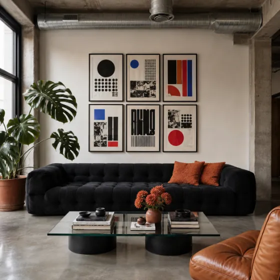 Contemporary loft living room with a black tufted sofa, graphic wall art, glass coffee table, tropical plant, and industrial ductwork.