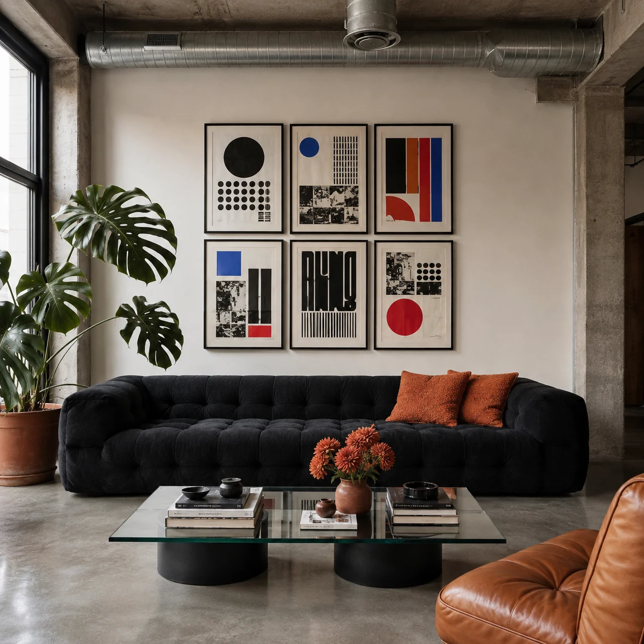 Contemporary loft living room with a black tufted sofa, graphic wall art, glass coffee table, tropical plant, and industrial ductwork.