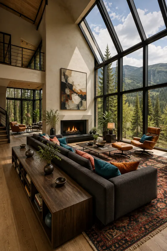 Warm contemporary mountain living room with dramatic floor-to-ceiling windows, fireplace, layered seating, and forest views.
