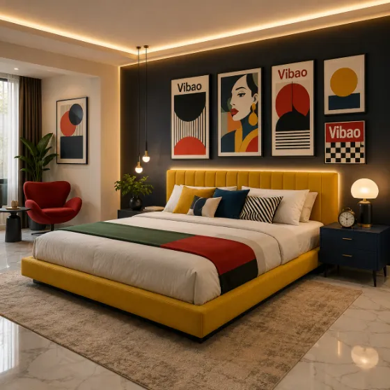 Pop-art contemporary bedroom with mustard-yellow bed, graphic wall art, red lounge chair, navy cabinet, and warm architectural lighting.