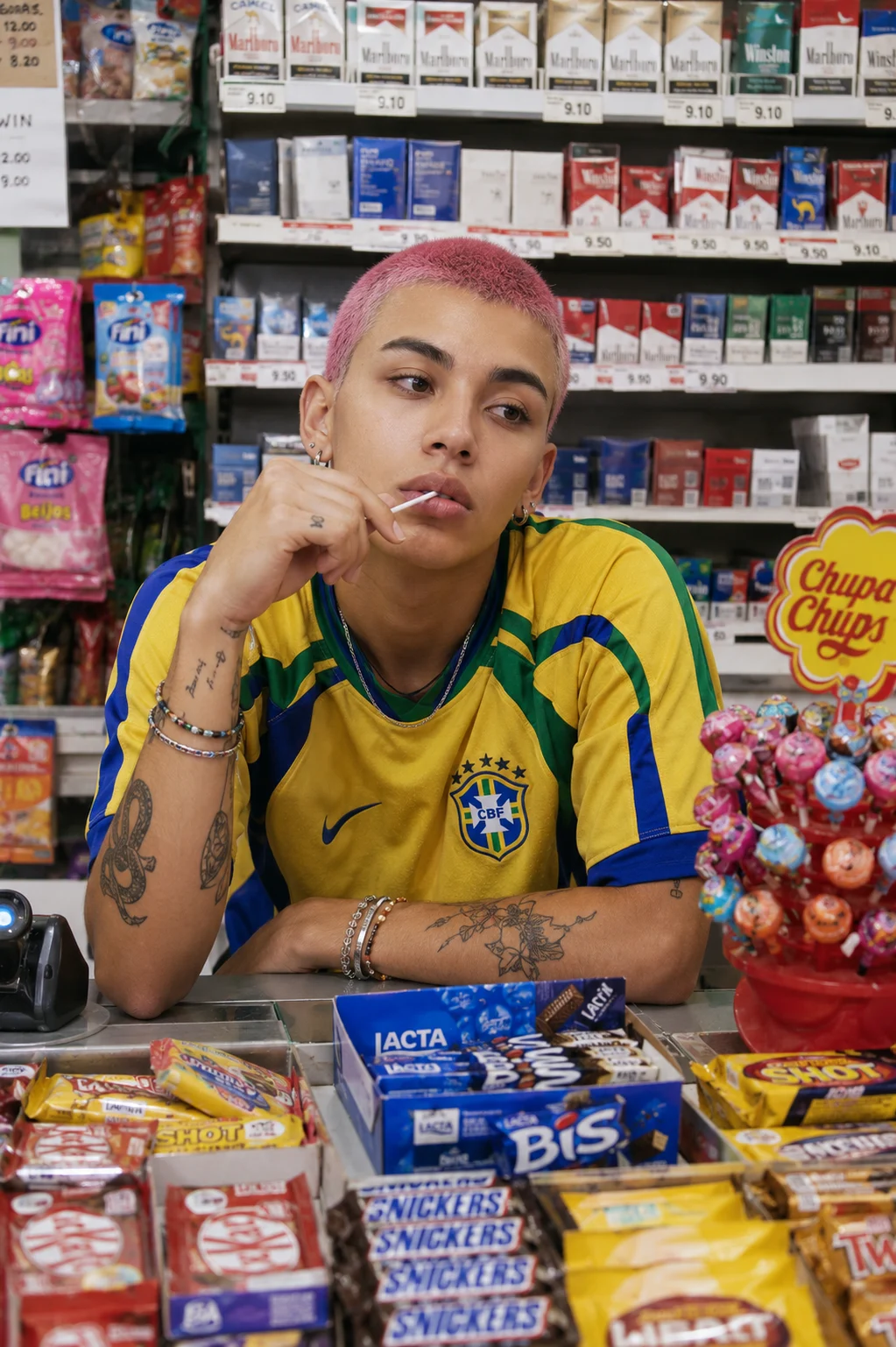 Fashion subject with pink buzz cut seated behind convenience store checkout holding a lollipop, surrounded by colorful candy and cigarette displays.