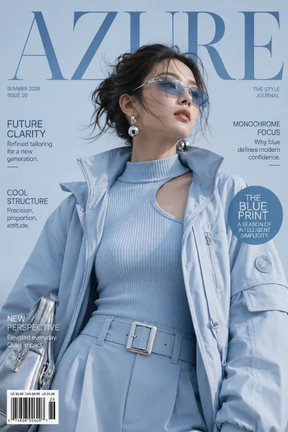 Monochrome blue fashion magazine cover with futuristic tailoring and silver accessories