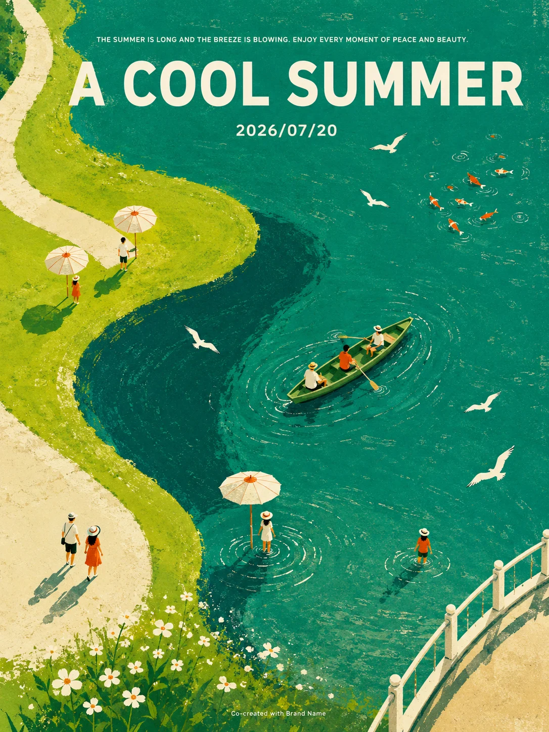 Vertical illustrated summer poster with curving green banks, turquoise water, tiny people, a boat, parasols, birds, fish, and bold white title text.
