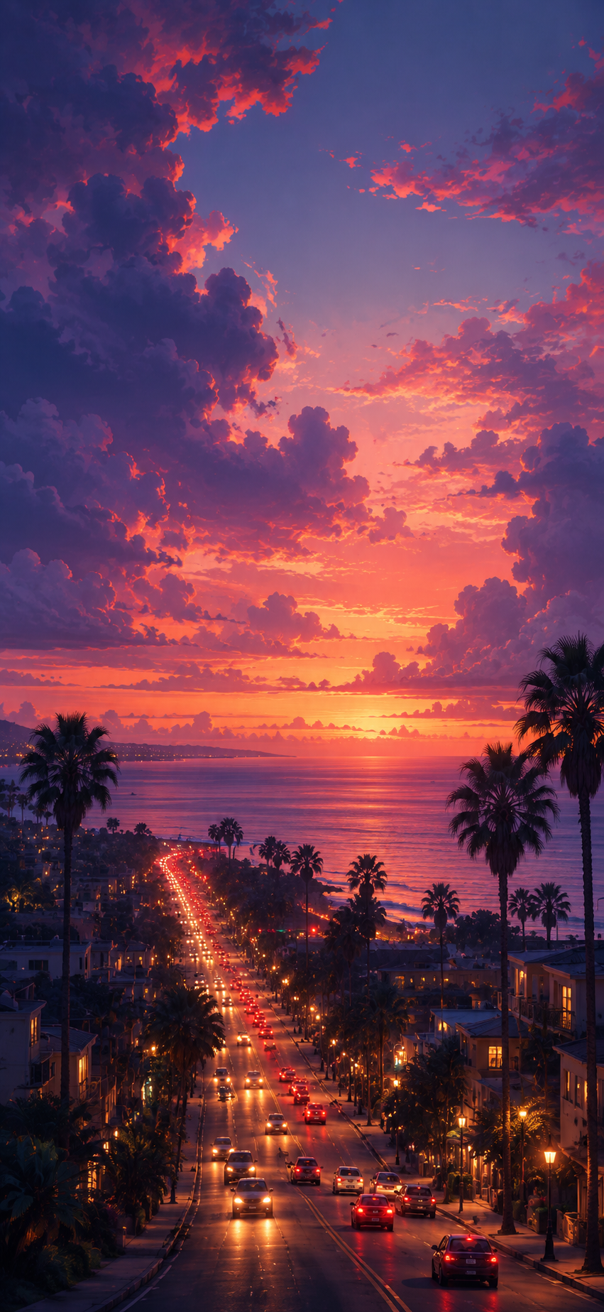 Palm-lined coastal boulevard filled with glowing evening traffic beneath dramatic coral, pink, violet, and blue sunset clouds beside a calm ocean.