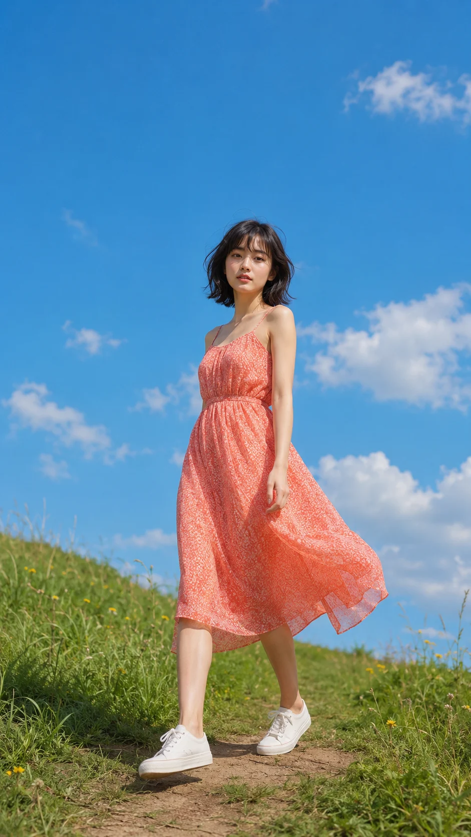 Young female fashion model in a flowing coral midi dress and white sneakers walking on a sunny grassy slope under a blue sky.