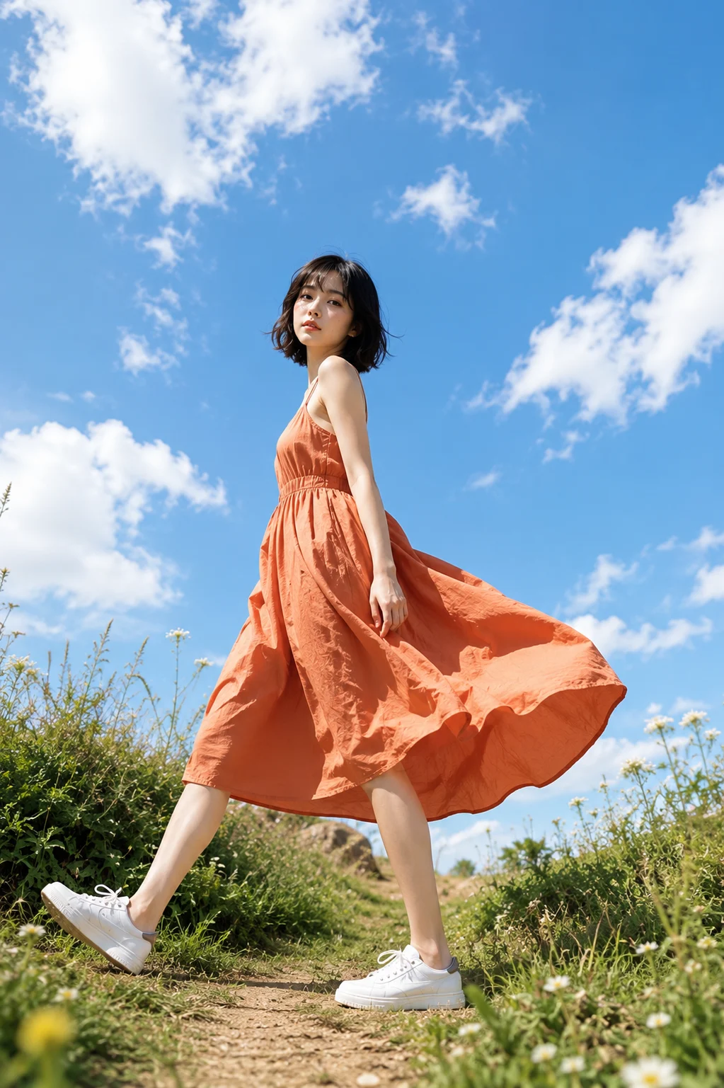 Fashion subject walking in a coral-orange dress and white sneakers on a grassy path under a vivid blue sky