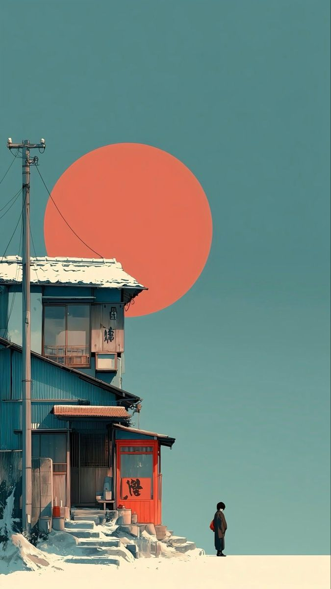 Minimal winter illustration of a teal house beneath a giant coral sun, with snow, a utility pole, and one small figure under a turquoise sky.