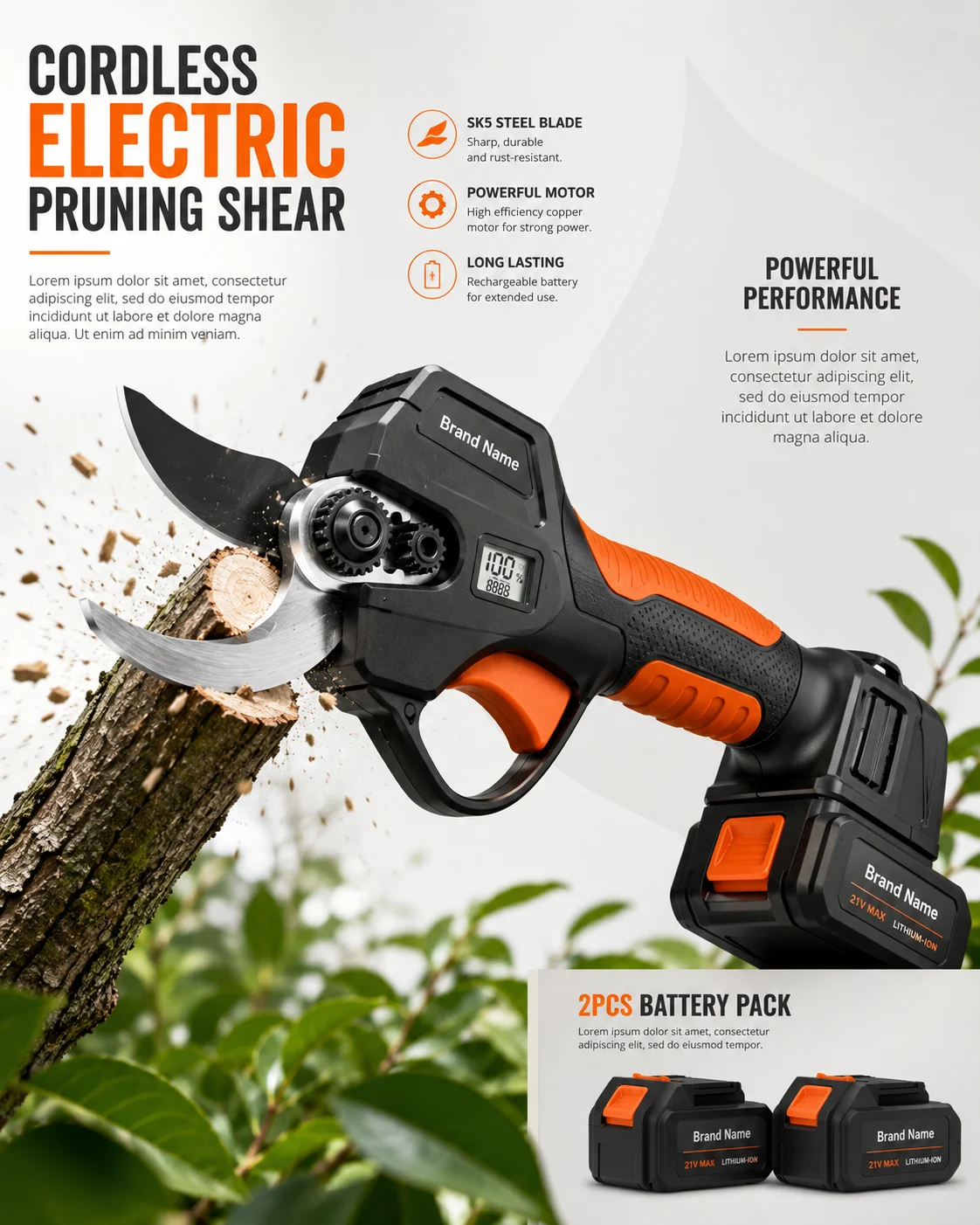 Cordless electric pruning shear with black and orange body cutting a tree branch, two battery packs on lower right, studio background with green foliage.
