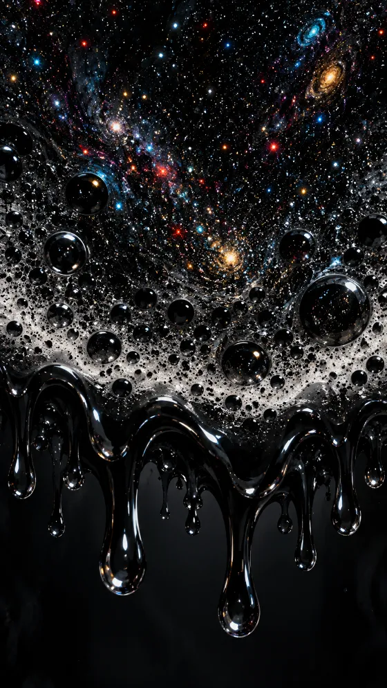 Abstract cosmic particle field transitioning into bubbles, foam, and glossy black liquid drips.