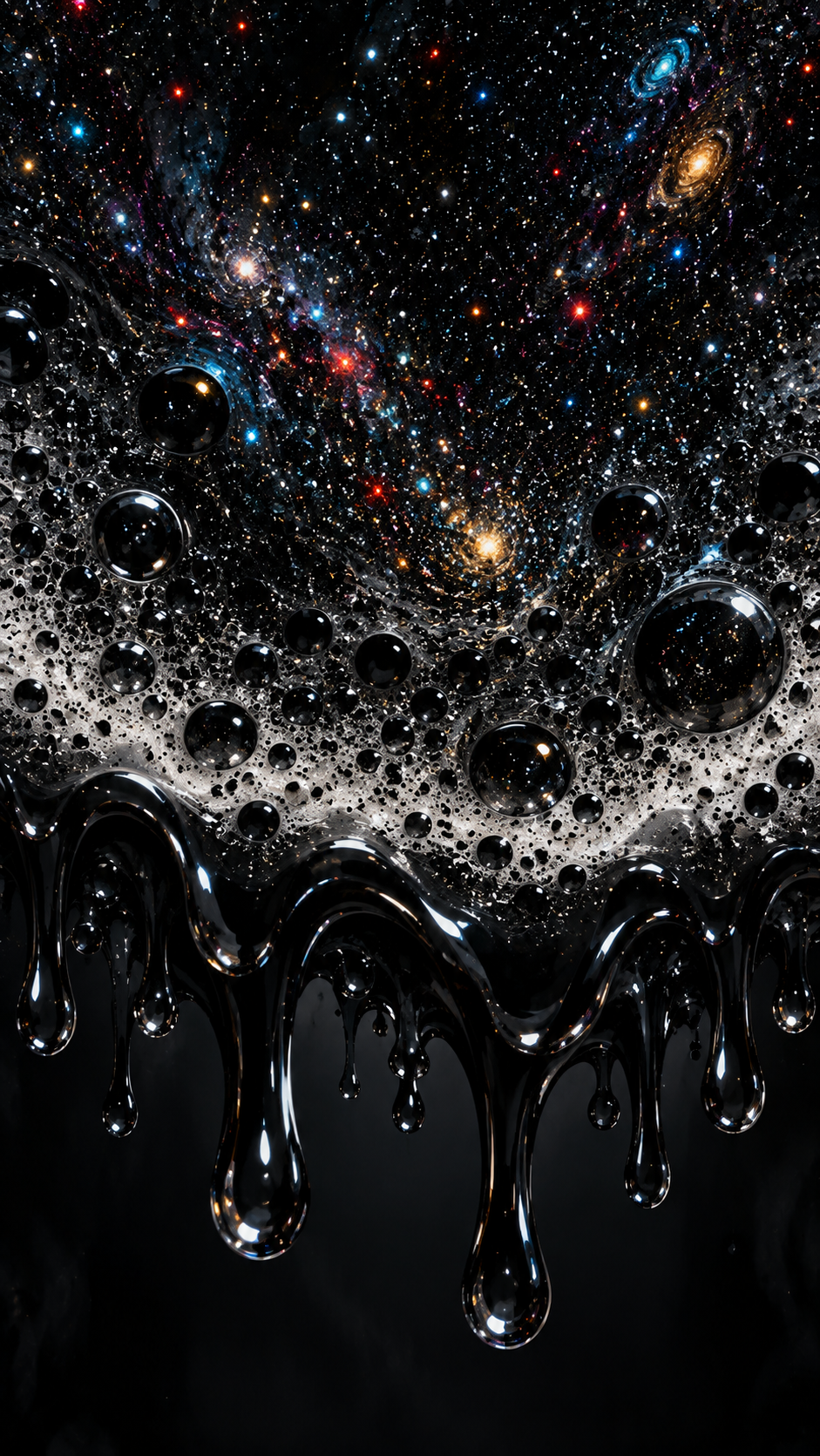 Abstract cosmic particle field transitioning into bubbles, foam, and glossy black liquid drips.
