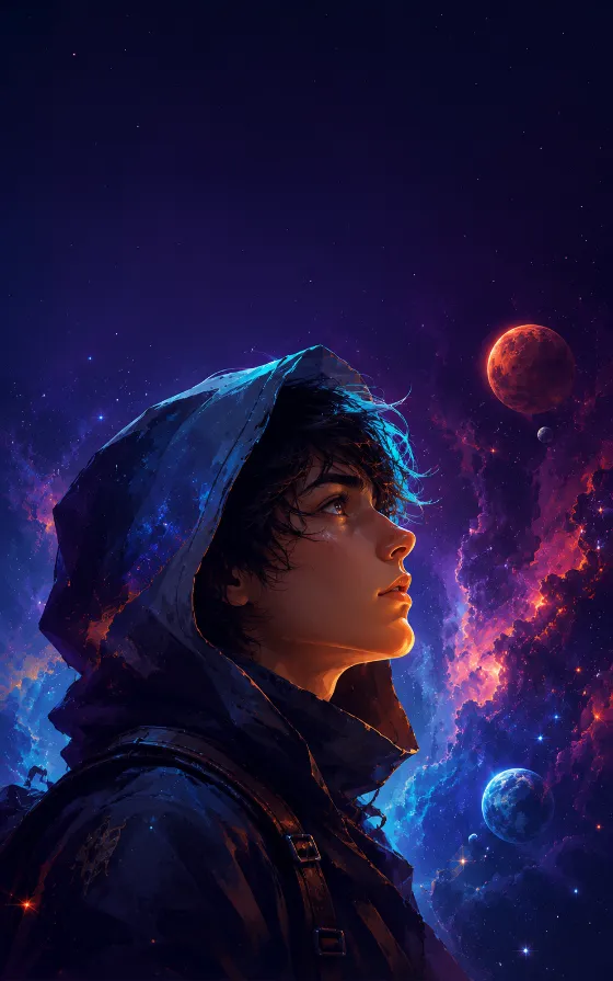 Cosmic character wallpaper with a hooded side-profile portrait, cyan hair highlights, planets, stars, and violet-blue space.