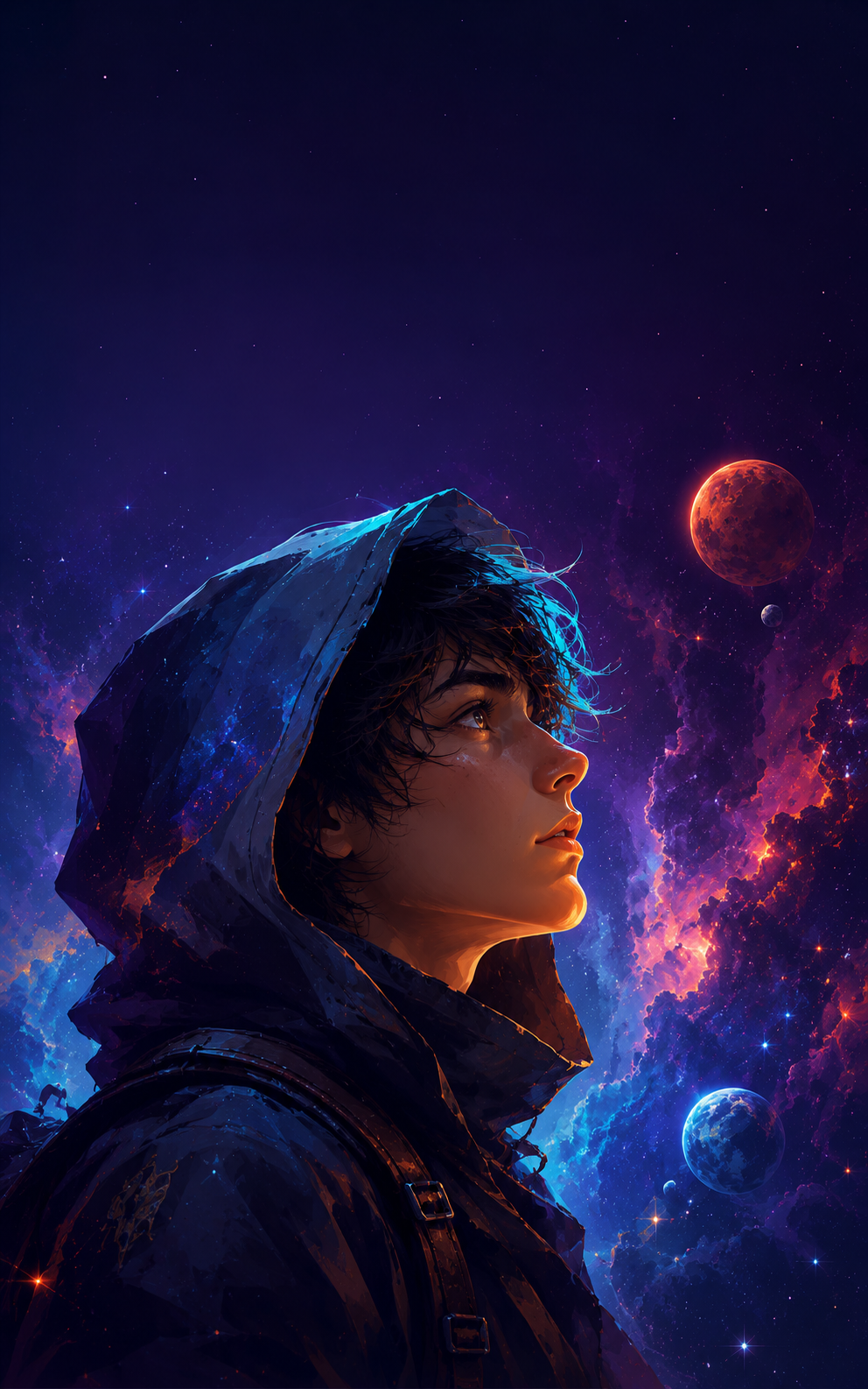 Cosmic character wallpaper with a hooded side-profile portrait, cyan hair highlights, planets, stars, and violet-blue space.