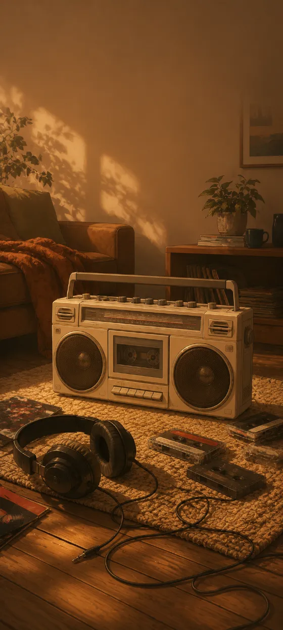 Illustrated cozy room scene with a cream vintage boombox, cassette tapes, headphones, cables, rug, sofa, and warm wooden floor.