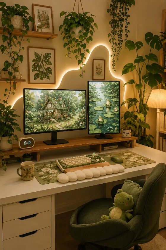 Cozy green workspace with dual monitors, trailing plants, floral mat, frog plush, and glowing wall light.