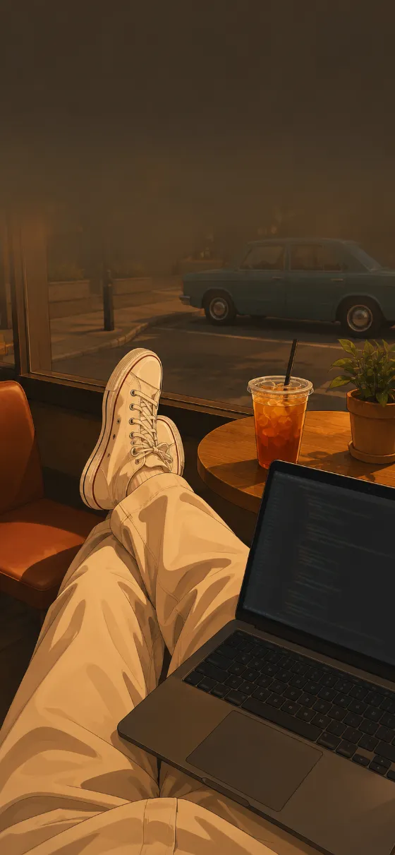 First-person illustrated café scene with crossed legs, cream sneakers, an open laptop, and an orange iced drink on a wooden table.