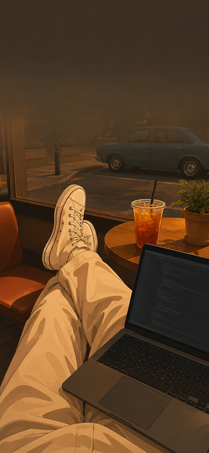 First-person illustrated café scene with crossed legs, cream sneakers, an open laptop, and an orange iced drink on a wooden table.