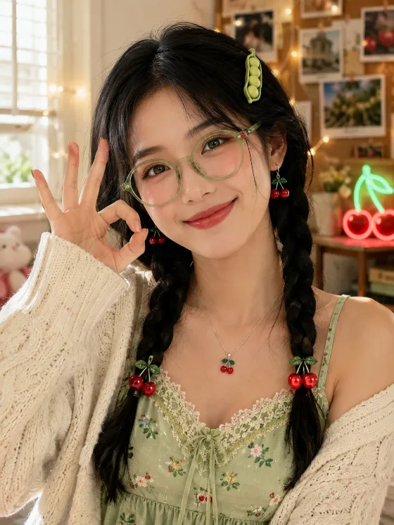 Indoor editorial lifestyle portrait with cherry accessories and green eyeglasses.