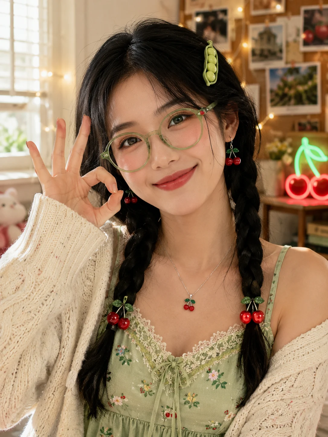 Indoor editorial lifestyle portrait with cherry accessories and green eyeglasses.