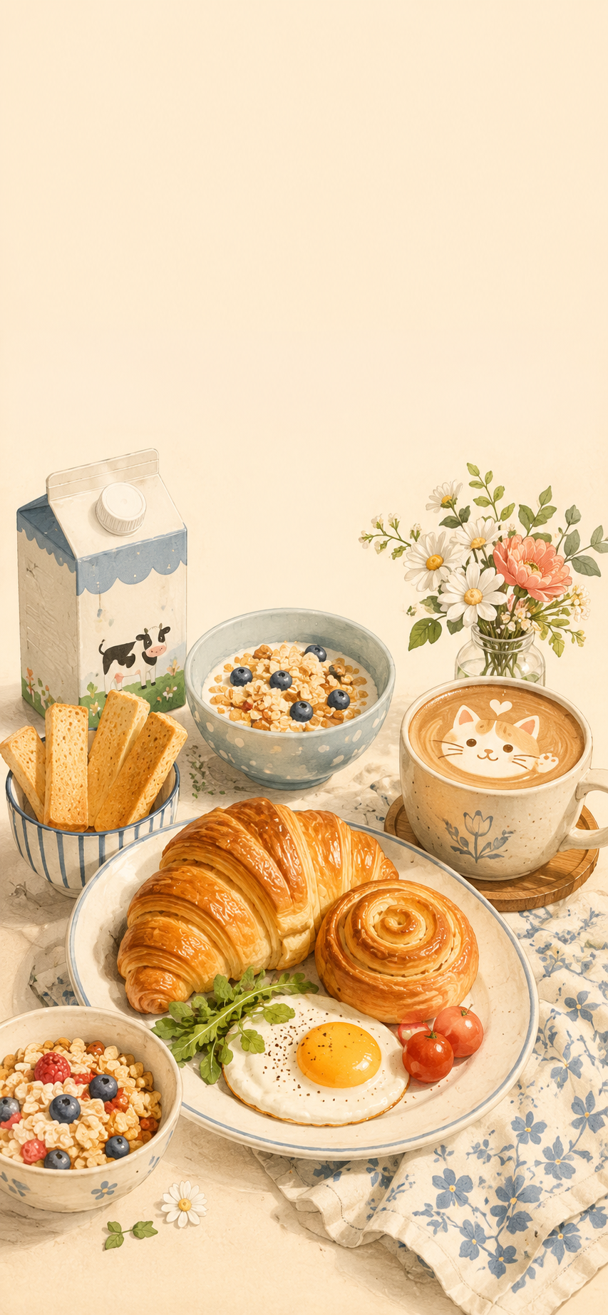 Pastel illustrated breakfast with pastries, coffee cup, milk carton, and cereal bowls arranged as a clean phone.
