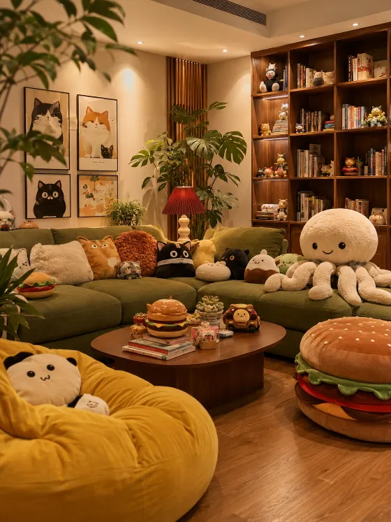 A cozy living room filled with plush toys, an olive-green sectional, a yellow beanbag, wooden shelving, plants, and framed art in warm light.