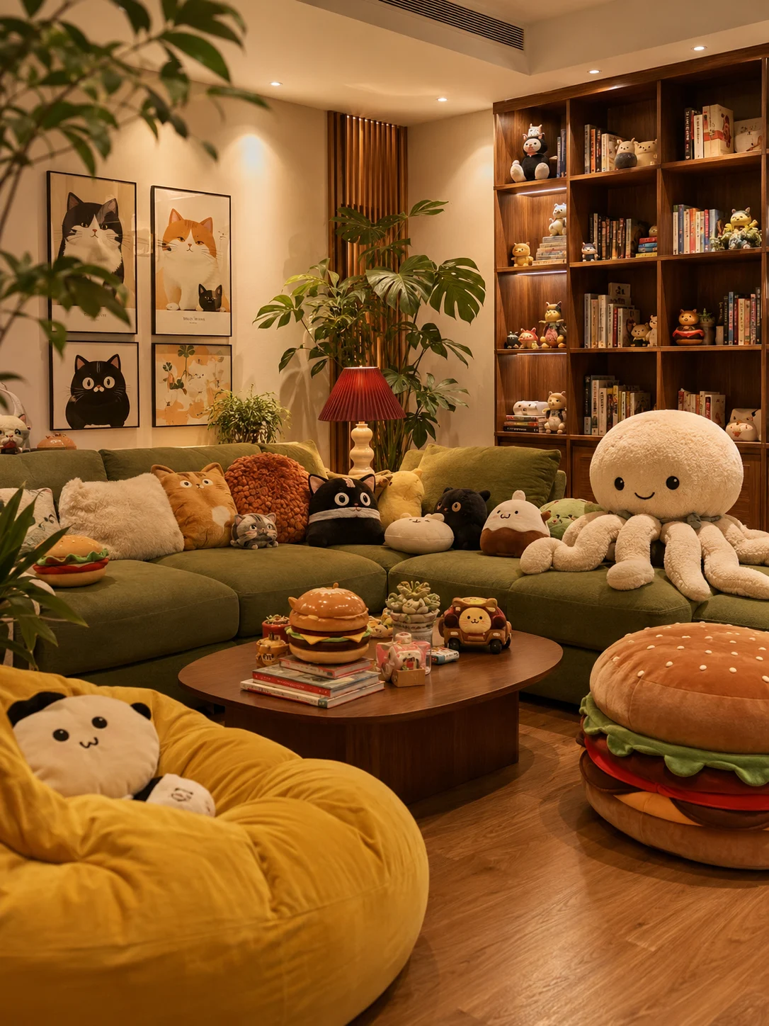 A cozy living room filled with plush toys, an olive-green sectional, a yellow beanbag, wooden shelving, plants, and framed art in warm light.