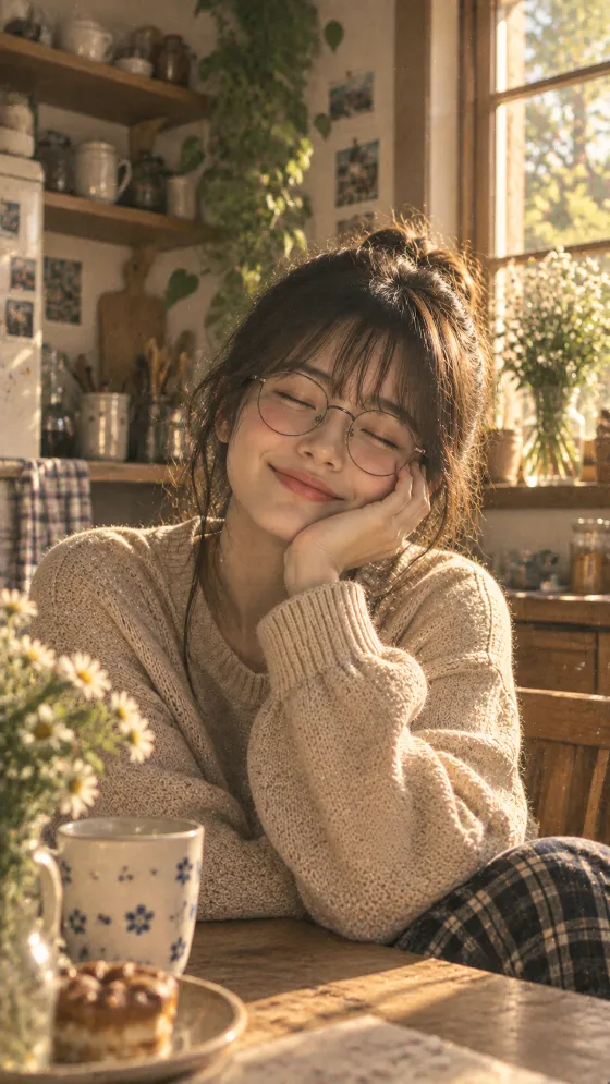 Young adult woman wearing round glasses and a beige knit sweater smiles softly in a cozy vintage indoor portrait.