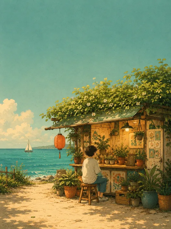 Hand-drawn seaside plant kiosk wallpaper with a seated figure, red lantern, lush greenery, and turquoise ocean.