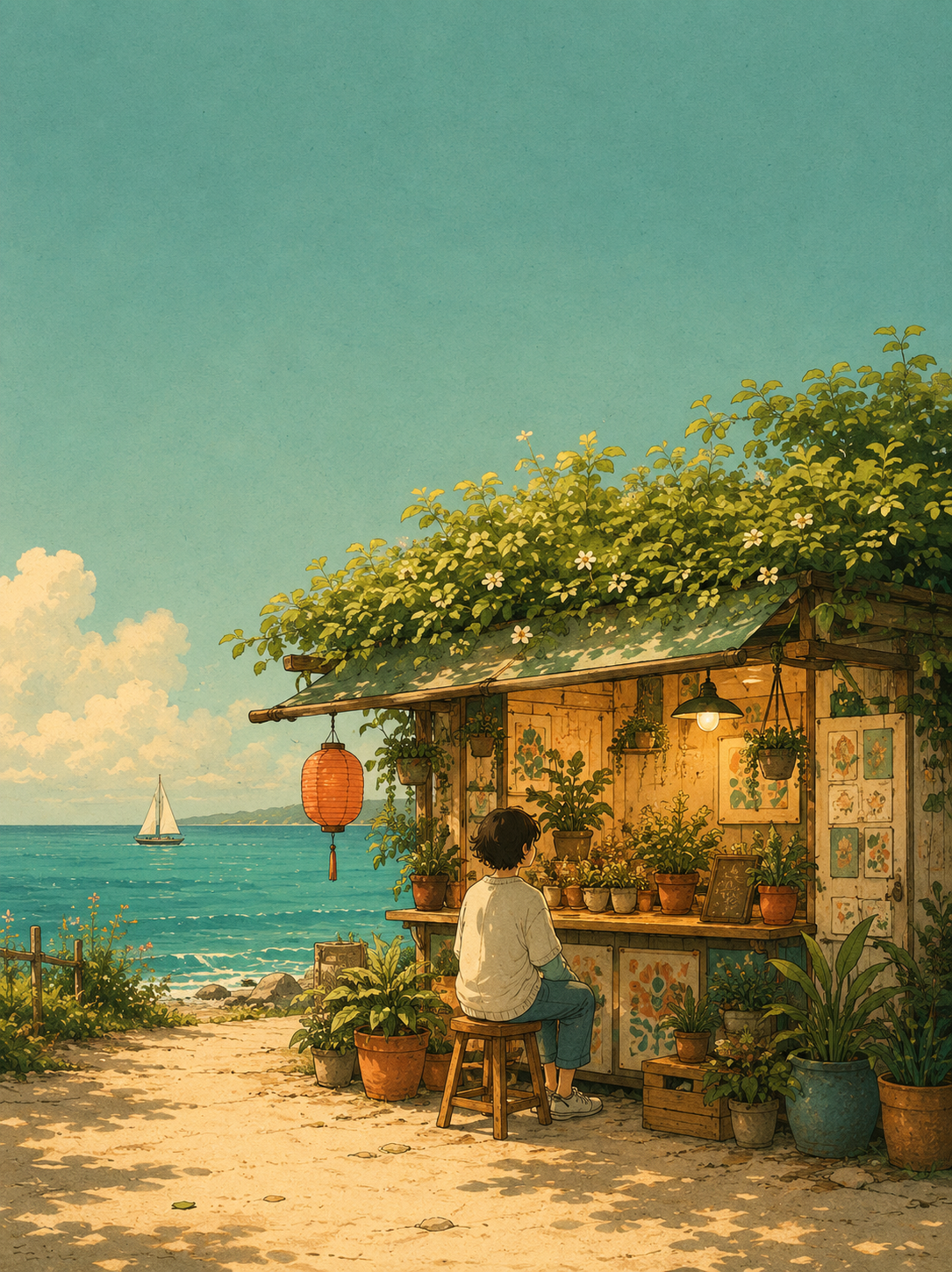 Hand-drawn seaside plant kiosk wallpaper with a seated figure, red lantern, lush greenery, and turquoise ocean.