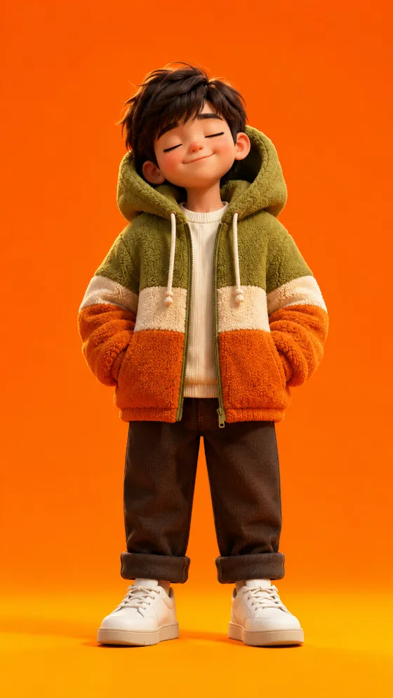 Peaceful stylized child character wearing a fuzzy green, cream, and orange hooded jacket.