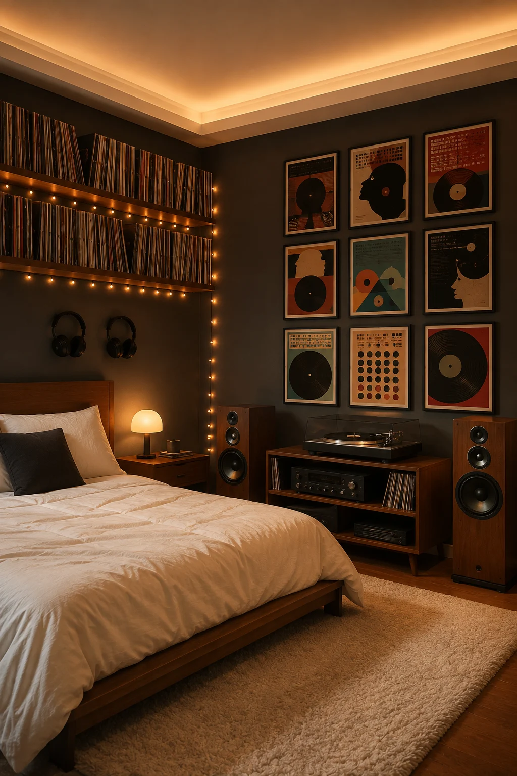 Warm music-themed bedroom with walnut furniture, vinyl shelves, framed artwork, audio console, and amber cove lighting.