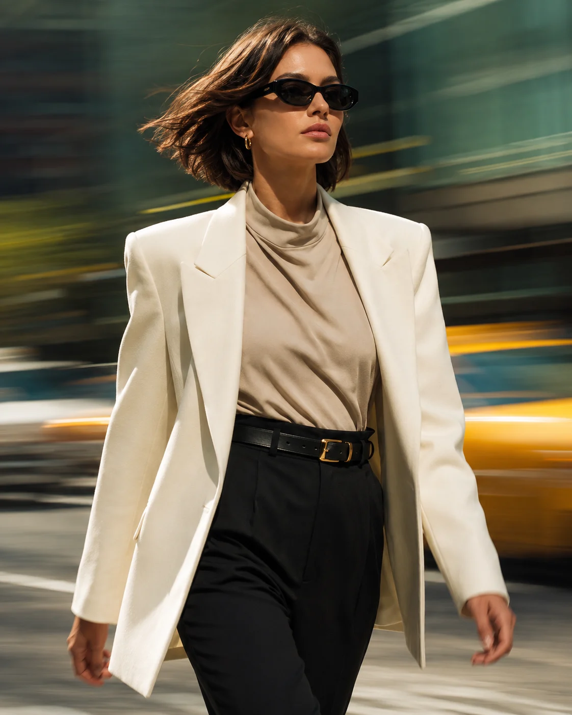 Neutral tailored street outfit with cream blazer, beige top, black trousers, black sunglasses, and gold belt detail on a walking subject in an urban setting.