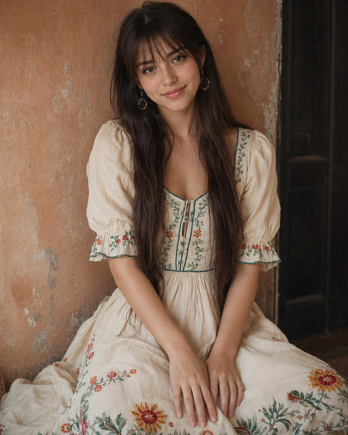 Soft romantic portrait of a seated woman in a cream embroidered dress with long dark hair and a warm rustic wall behind her.