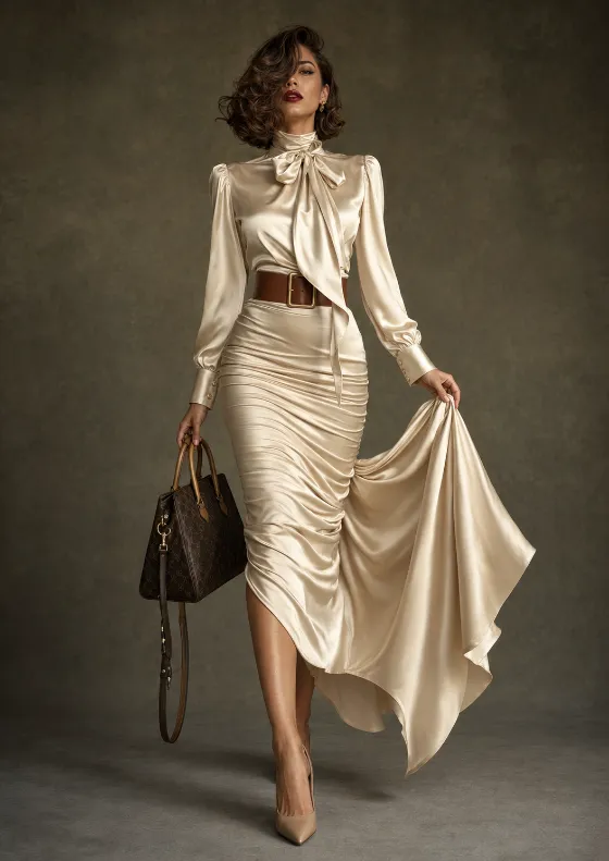 Model wearing a cream satin bow-neck blouse and ruched midi skirt with brown belt, pointed heels, and structured handbag in a studio portrait.