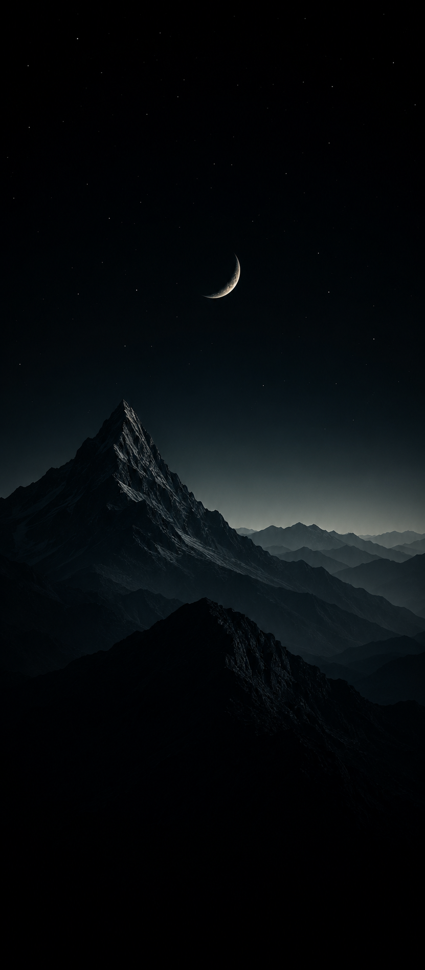 Dark mountain ridges beneath a thin crescent moon and sparse stars in a minimalist phone wallpaper.