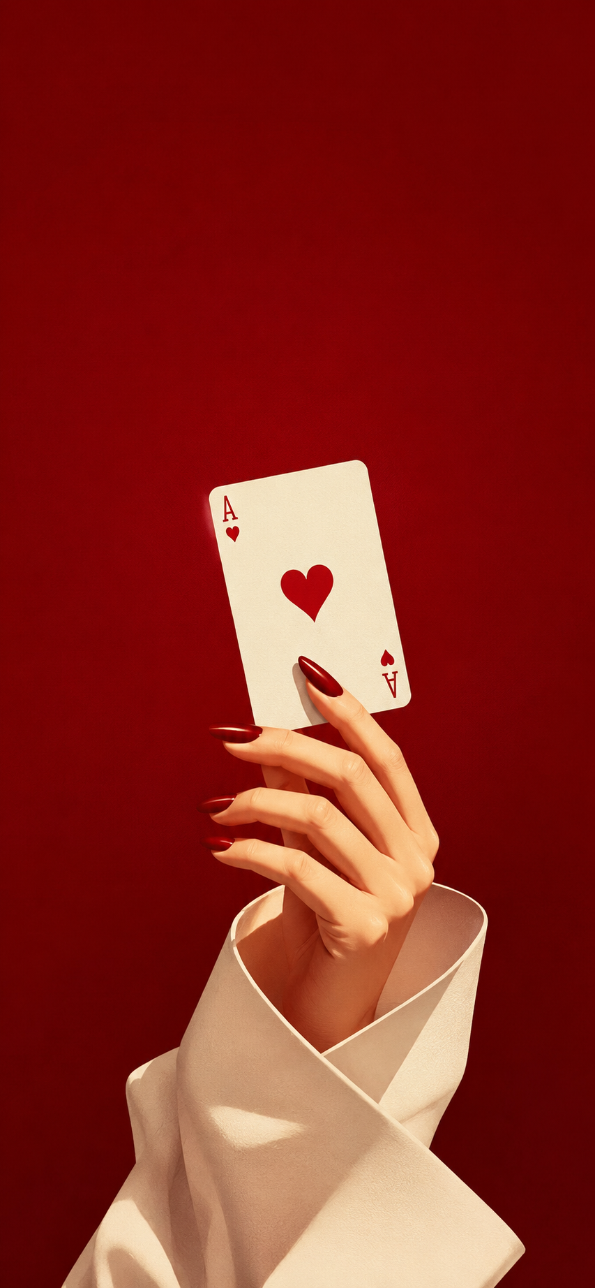 Minimal illustration of a hand with crimson nails holding an Ace of Hearts on a red background.