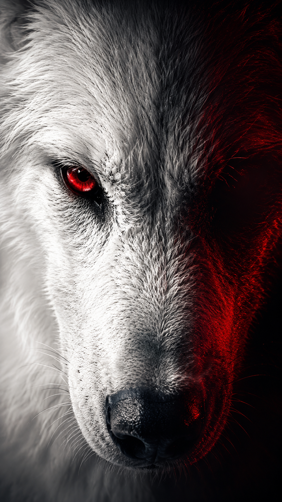 Extreme close-up of a white wolf with one glowing red eye and dramatic red-black lighting.