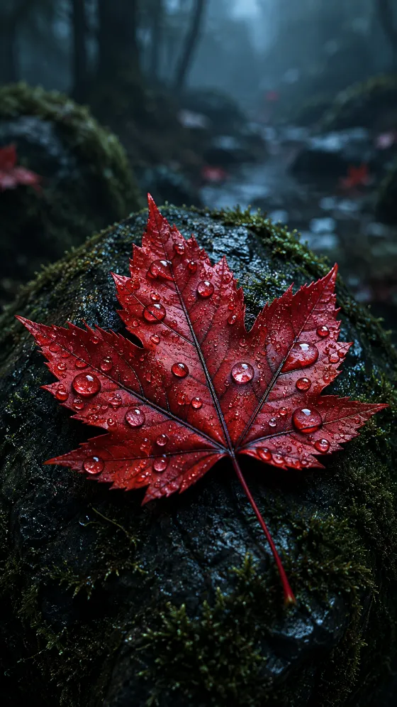 Crimson maple leaf with clear water droplets resting on mossy dark stone.