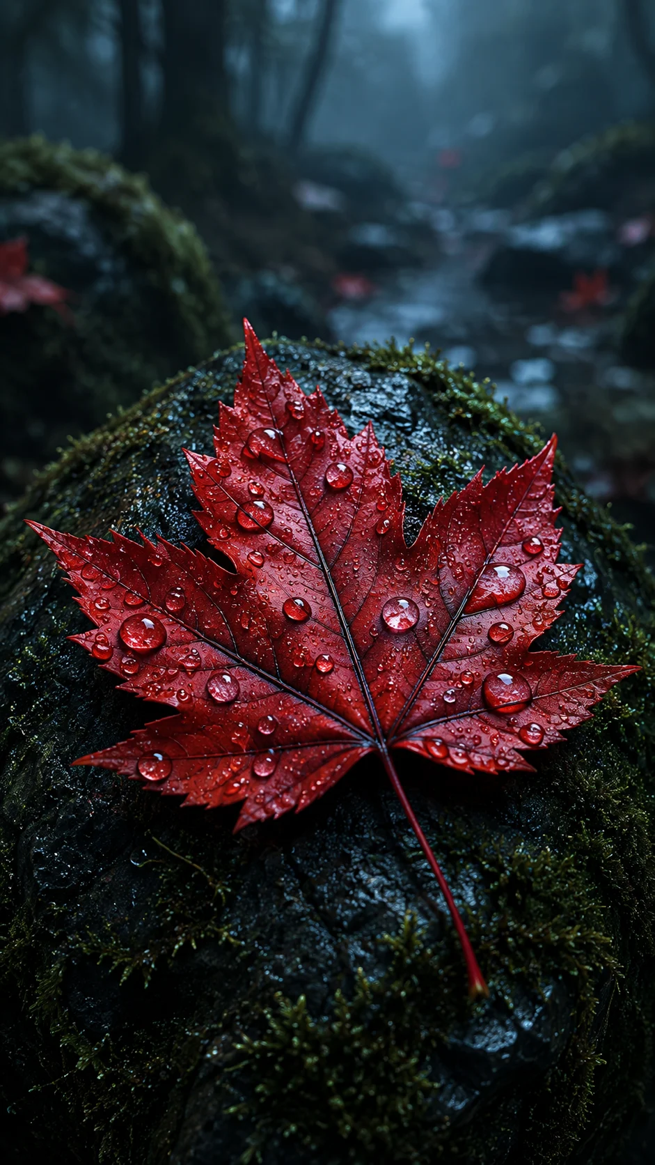 Crimson maple leaf with clear water droplets resting on mossy dark stone.