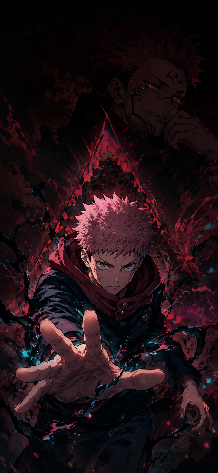 Dark anime-inspired fighter reaching forward amid crimson supernatural energy, cyan strands, smoky shadows, and a looming marked figure above.