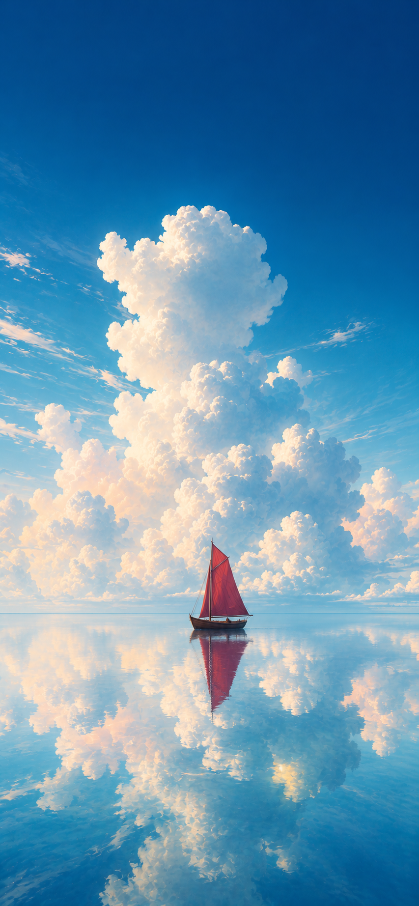 A lone wooden sailboat with a red sail floating on a mirror-like ocean beneath towering clouds.