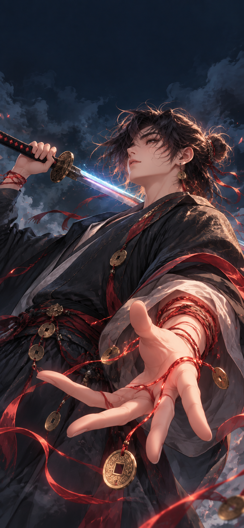 Dark-haired fantasy sword wielder viewed from below with an extended hand wrapped in glowing red cords, brass coin charms, dark robes, and a cool luminous blade.
