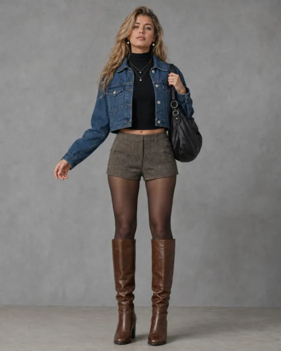 Young woman in cropped denim jacket, black turtleneck, plaid shorts, sheer tights and brown knee-high boots in a grey studio.