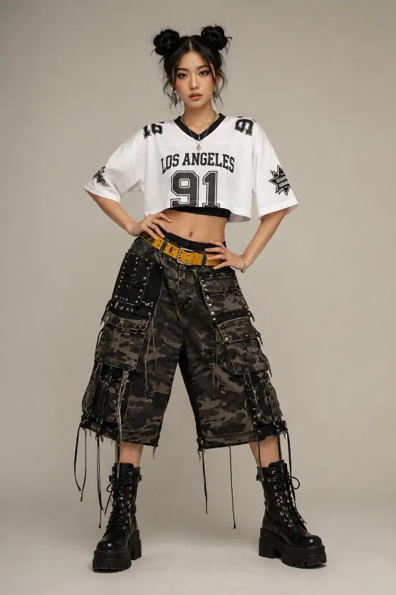 Streetwear outfit with cropped sports jersey, wide camouflage cargo shorts, and platform boots