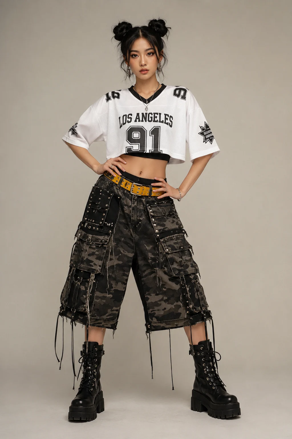 Streetwear outfit with cropped sports jersey, wide camouflage cargo shorts, and platform boots